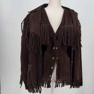 Vintage Joo Kay Brown Suede Leather Fringe Jacket & Vest Set Western Boho Cowgi